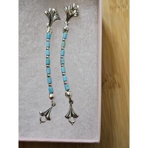 Carolyn Pollack Turquoise Sterling Silver Earrings 2 1/2" Dangle Fleur De'Lis